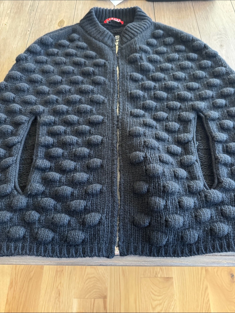 Prada Black Chunky Knit Zip Sweater/Cape with silver hardware